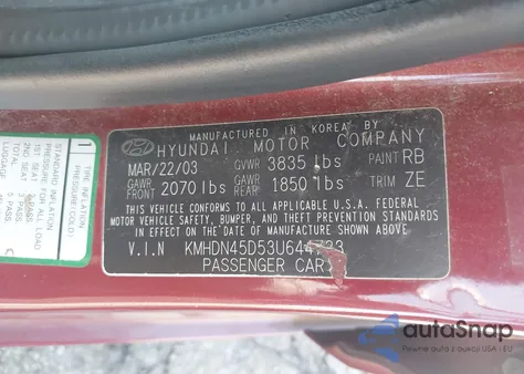 2003 Hyundai Elantra Gls/Gt z USA, uszkodzony, nr VIN KMHDN45D53U644723
